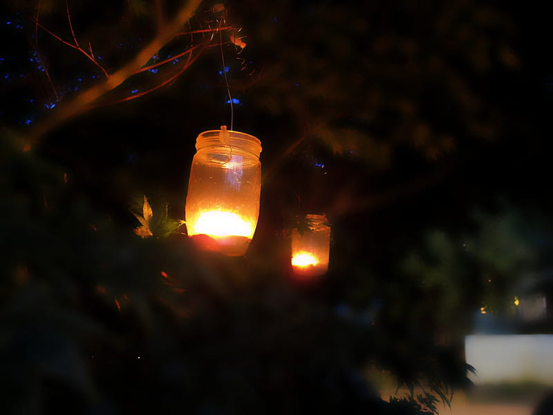 2 lights for the night, candle, lanterns, glow, trees, lights, winter, snow, bright, evening, night, jars, HD wallpaper
