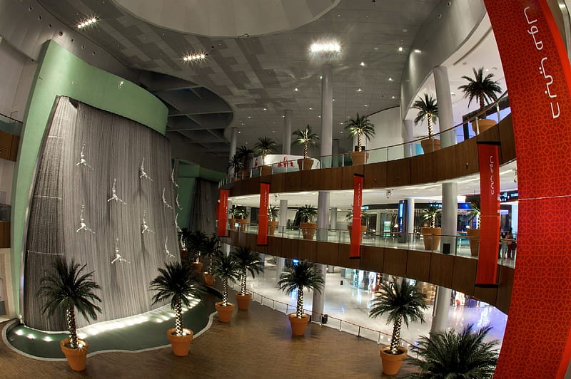 waterfall in the Dubai mall, shops, waterfall, walls, lights, HD wallpaper