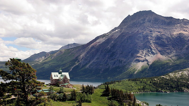 prince of wales hotel at waterton lake in canada, mountain, hotel, trees, lake, HD wallpaper