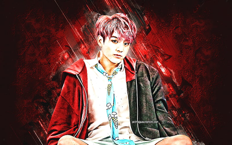 Jungkook, BTS, K-pop, South Korean singer, portrait, red stone background, Jeon Jung-kook, HD wallpaper