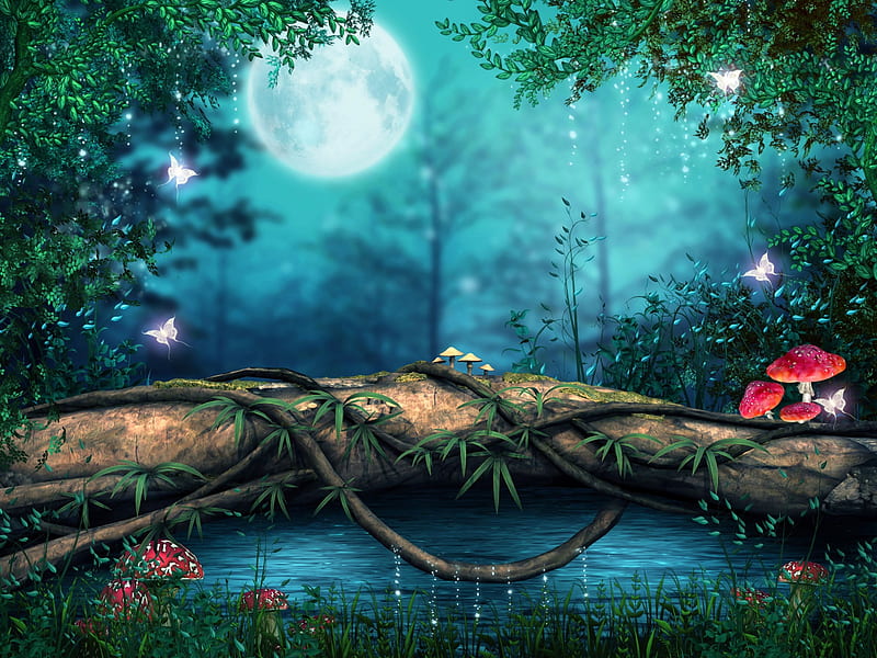 Night in 3D, forest, moon, mushrooms, trees, artwork, HD wallpaper