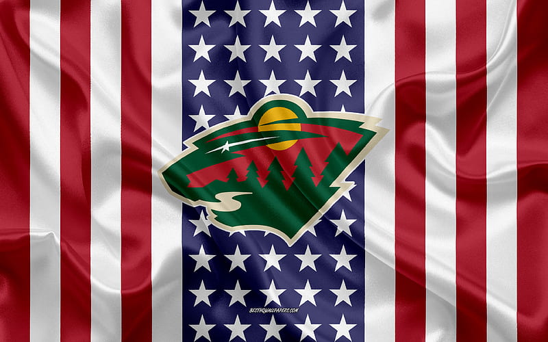 Minnesota Wild logo, emblem, silk texture, American flag, American hockey club, NHL, St Paul, Minnesota, USA, National Hockey League, ice hockey, silk flag, HD wallpaper