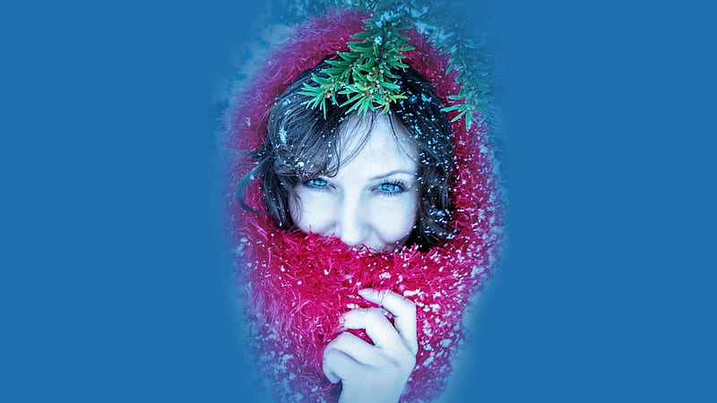 Winter Woman 3, pretty, lovely, fucshia, snow, lafemme portrait, women are special, pine tree limb, winter, HD wallpaper