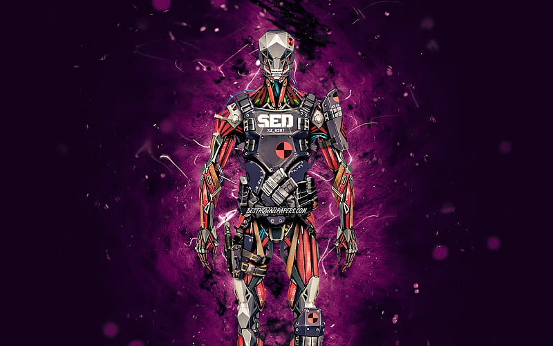 SED-2, violet neon lights, WarFace, creative, WarFace characters, cyborg, SED-2 WarFace, HD wallpaper