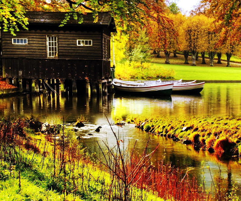 Cottage, Autumn, Boats, Forest, Lake, Landscape, Nature, Hd Wallpaper 