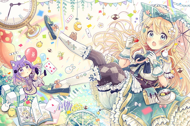Cute anime girl, loli, umbrella, lolita fashion, blonde, chibi, tail, Anime,  HD wallpaper | Peakpx