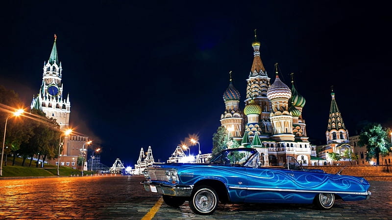 chevy impala in red square, square, car, church, convertable, night, HD wallpaper