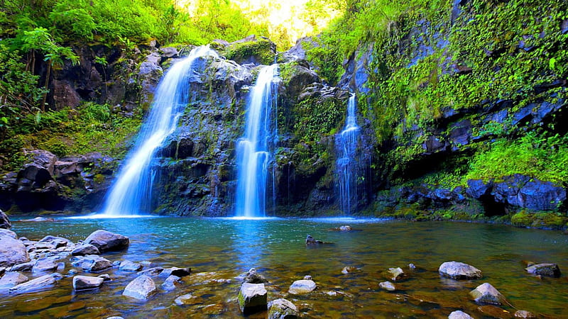 Wonderful triple waterfalls, rocks, moss, pool, waterfalls, HD ...