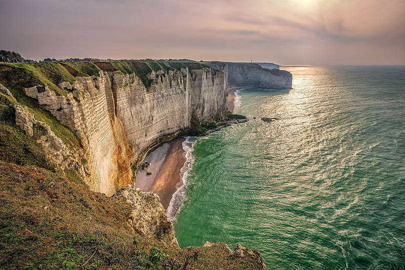 Cliffs of Etretat, Normandy, France, sea, coast, water, sun, sky, clouds, HD wallpaper