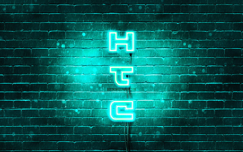 HTC turquoise logo, vertical text, turquoise brickwall, HTC neon logo, creative, HTC logo, artwork, HTC, HD wallpaper
