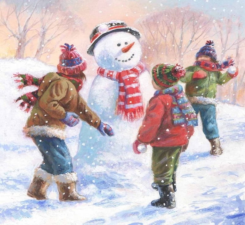 The Snowball Fight, ball, snowball, snow, scarf, snowman, winter, hat, HD wallpaper