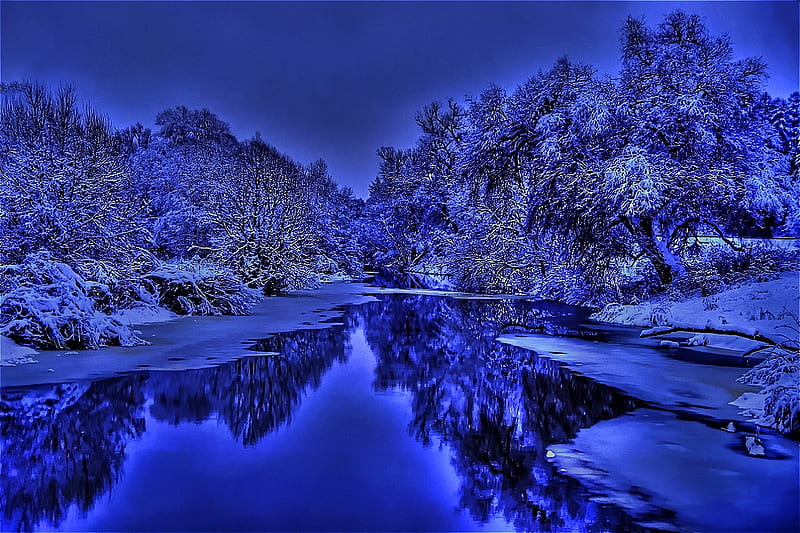 Winter in Sapphire, still, bonito, smooth, winter, cold, glass, calm, water, peaceful, silky, blue, HD wallpaper