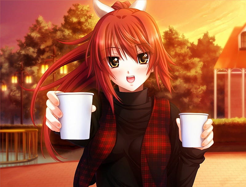 Here is some choco to warm you up., girl, anime, cup, bonito, red hair, HD wallpaper