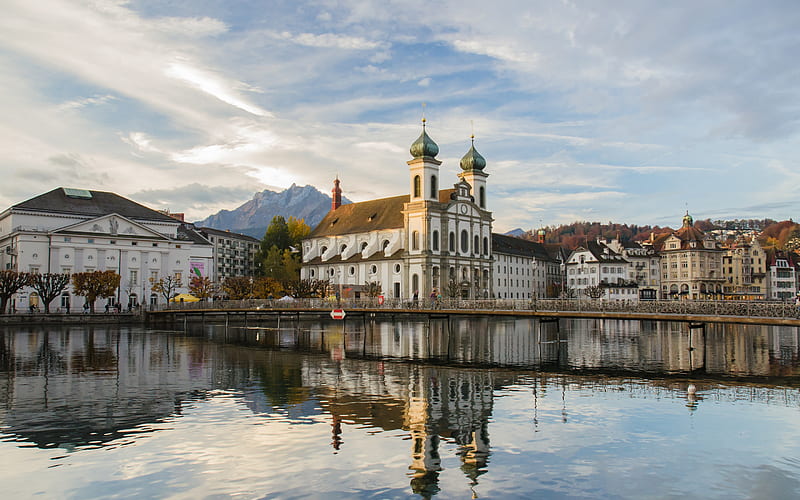 Lucerne Jesuit Church, Jesuitenkirche, Luzern, evening, Catholic church, sunset, lake, bridge, Switzerland, Lucerne, HD wallpaper
