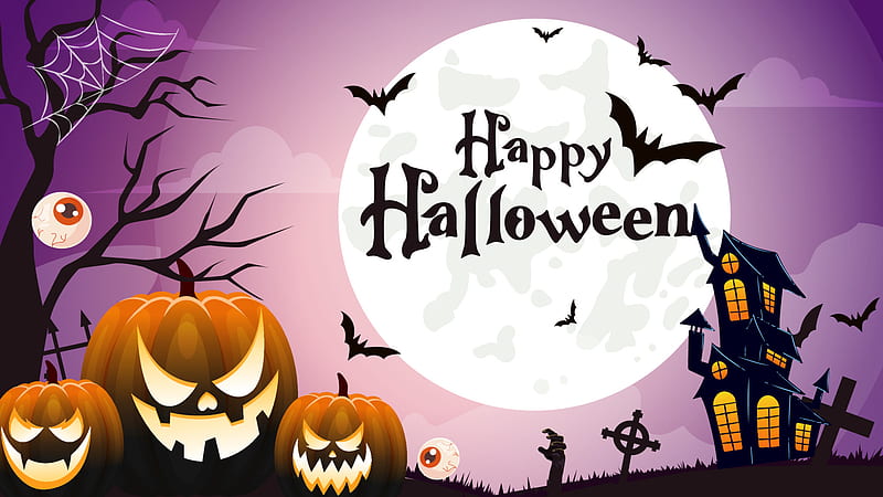 Pumpkins Bats Horror House Moon In Purple Sky Background Happy Halloween, HD wallpaper
