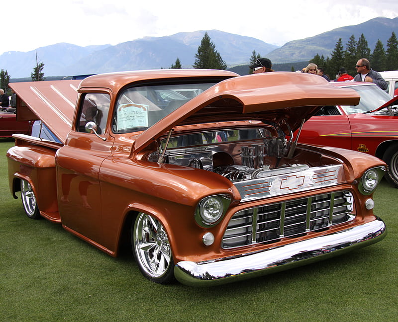 Chevrolet 1955 pick up at the Radium Hot Springs car show 20, trees, silver, nickel, graphy, gold, green, mountains, chevrolet, pick up, tire, HD wallpaper