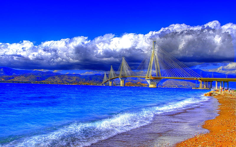 BLUE PARADISE, pebbles, Gulf of Corinth, sky, cable stayed, clouds, Rio Antirio, stones, Greece, water, bridge, color, Charilaos Trikupis, coast, HD wallpaper