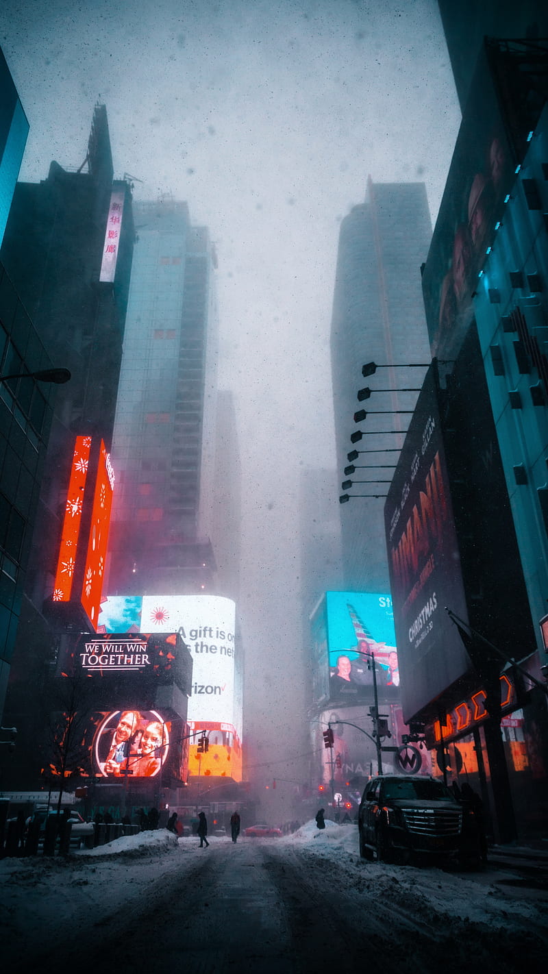 City, winter, night, newyork, lights, people, HD phone wallpaper