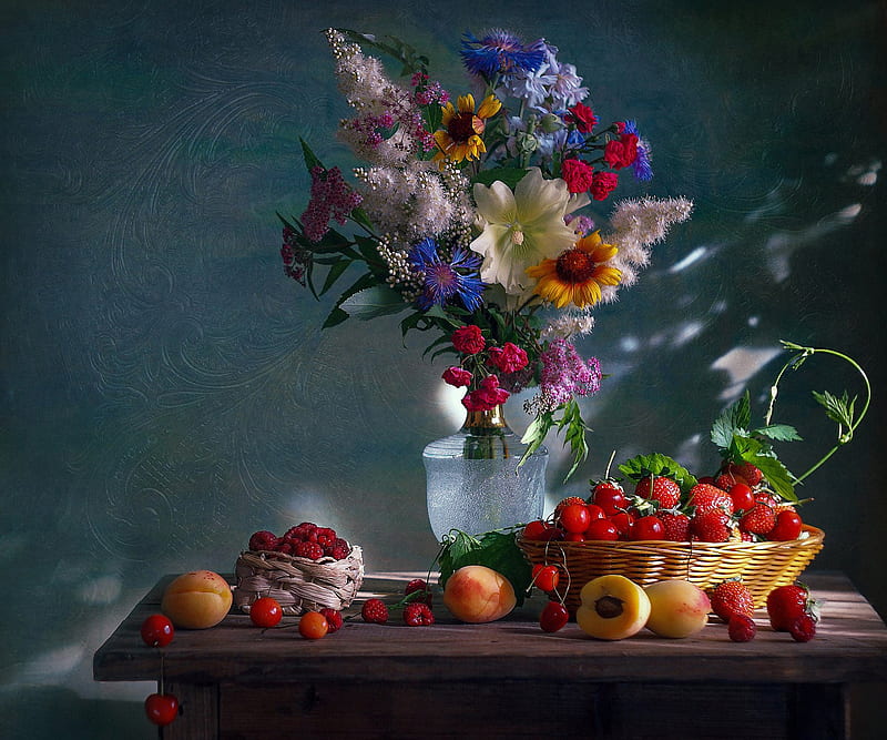 Food, Still Life, Apricot, Berry, Bouquet, Cherry, Flower, Raspberry, Strawberry, HD wallpaper