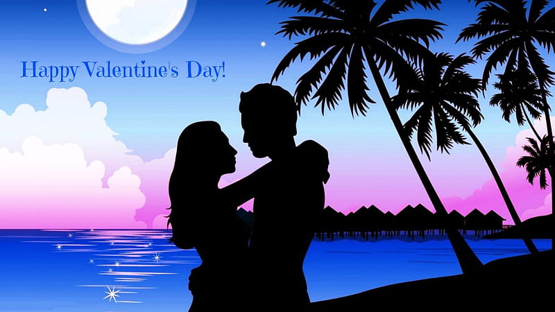 Happy Valentine's Day!, palm, sunset, valentine, woman, sea, kiss, beach, moon, love, pink, couple, light, blue, cloud, ocean, black, man, sky, happy, tree, day, HD wallpaper