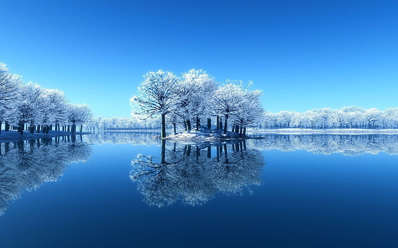 Winter landscape, Water, Clear blue sky, Trees, Frost, Snow, HD wallpaper
