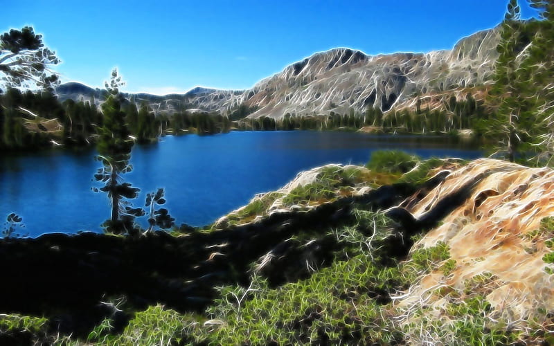 Lake Susie, rocks, california, trees, shrubs, lake, mountains, tahoe, fractal, susie, HD wallpaper