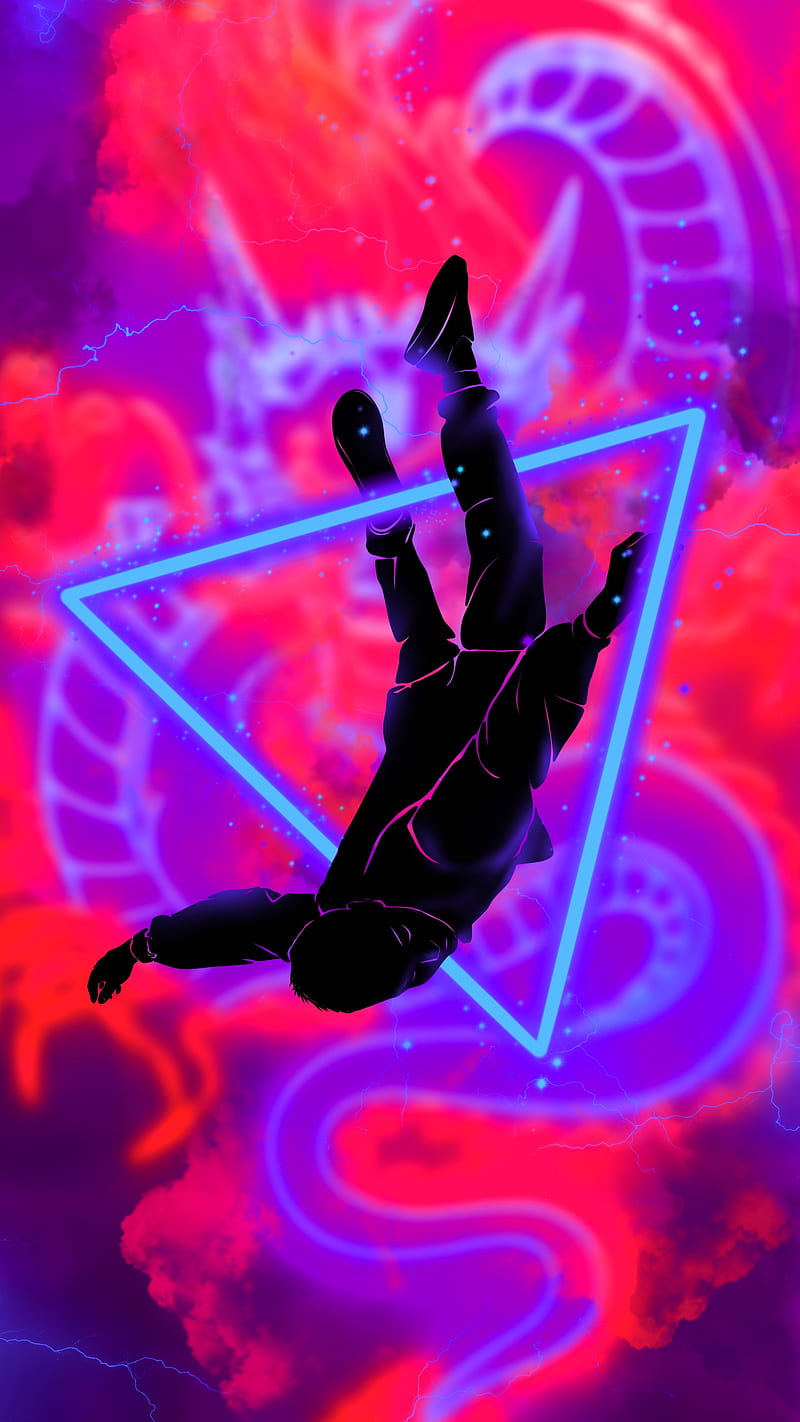 Neon fly red, Silhouettes, blue, dragon, electric, electro, energy, figure, flash, forf, geometric, guy, laser, light, lightning, line, magic, man, mask, model, particles, pink, pose, purple, silhouette, texture, violet, HD phone wallpaper