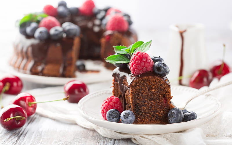 chocolate cake, dessert, cake, candy, cake with berries, HD wallpaper