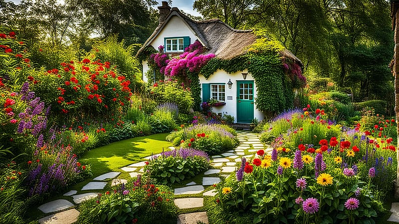 Cottage in a garden with colourful flowers, art, digital, path, house, blossoms, colors, HD wallpaper Cottage in a garden with colourful flowers, art, digital, path, house, blossoms, colors, HD wallpaper