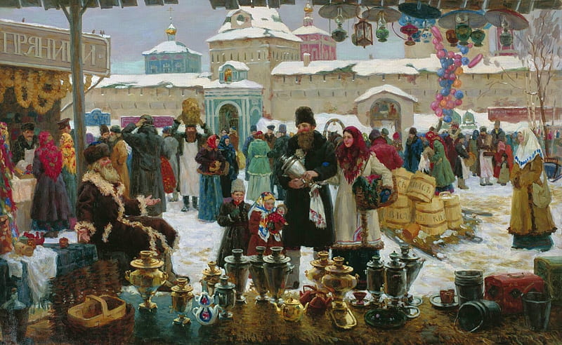 Winter fair, art, luminos, iarmaroc, winter, fair, vladislav nagornov, people, painting, pictura, HD wallpaper