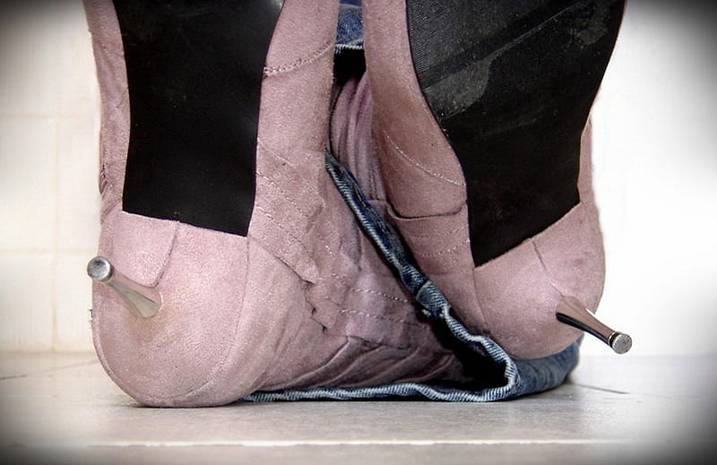 Pink boots and denim, soles, high heels, spikes, boots, heels, stilettos, shoes, denim, HD wallpaper