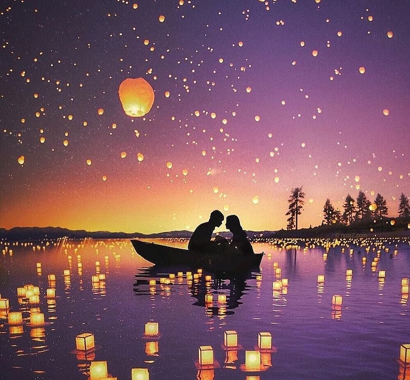 :), water, silhouette, nois7, lake, night, robert jahns, lovers, orange, purple, couple, lantern, sunset, HD wallpaper