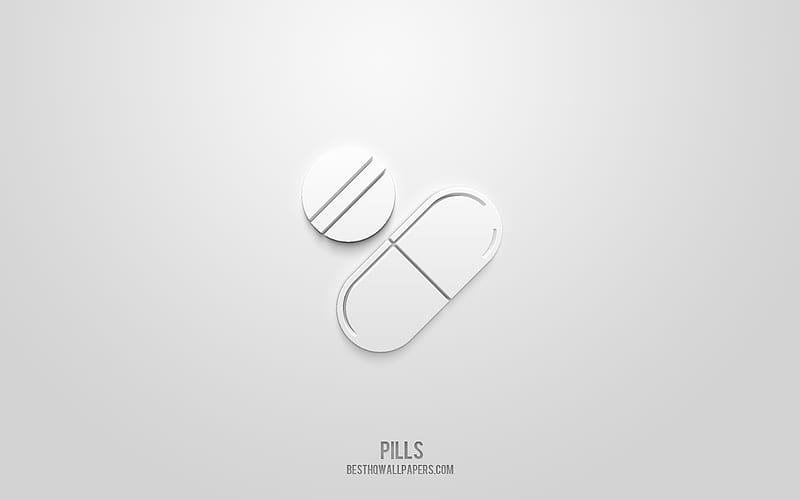 Pills 3d icon, white background, 3d symbols, Pills, Medicine icons, 3d icons, Pills sign, Medicine 3d icons, HD wallpaper