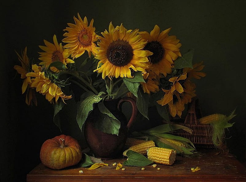 Still life with autumn, Fruits, Sunflowers, Flowers, Vase, HD wallpaper