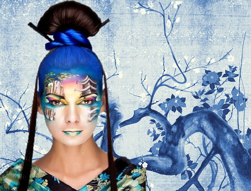 Japanese Inspired Hair and Face Art, paint, hair art, Japanese influence, face paint, black, woman, face art, hair, tree, oriental, Japanese, face, blue, HD wallpaper