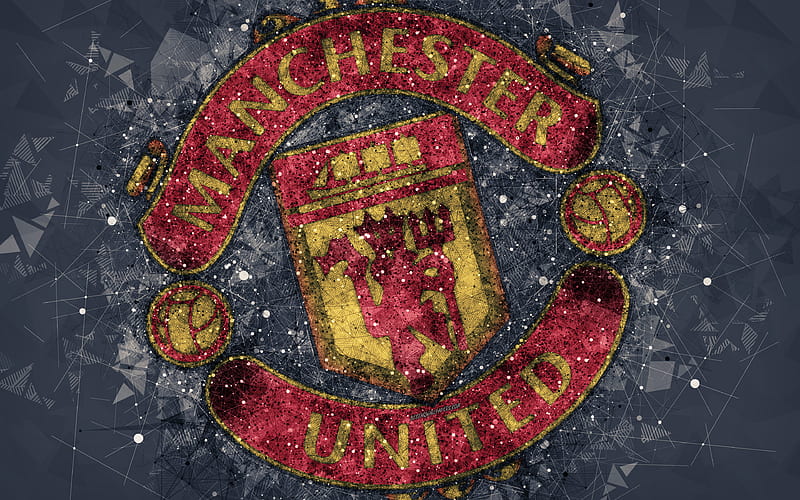 Manchester United FC logo, geometric art, English football club, creative emblem, gray abstract background, Premier League, Manchester, United Kingdom, football, HD wallpaper