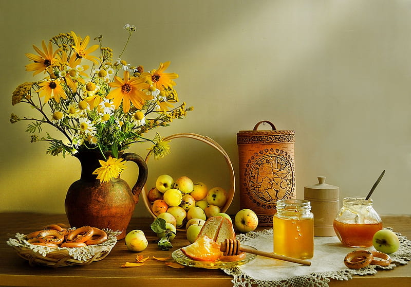 Still life with flowers, Honey, Flowers, Apples, Bread, Bouquet, HD wallpaper