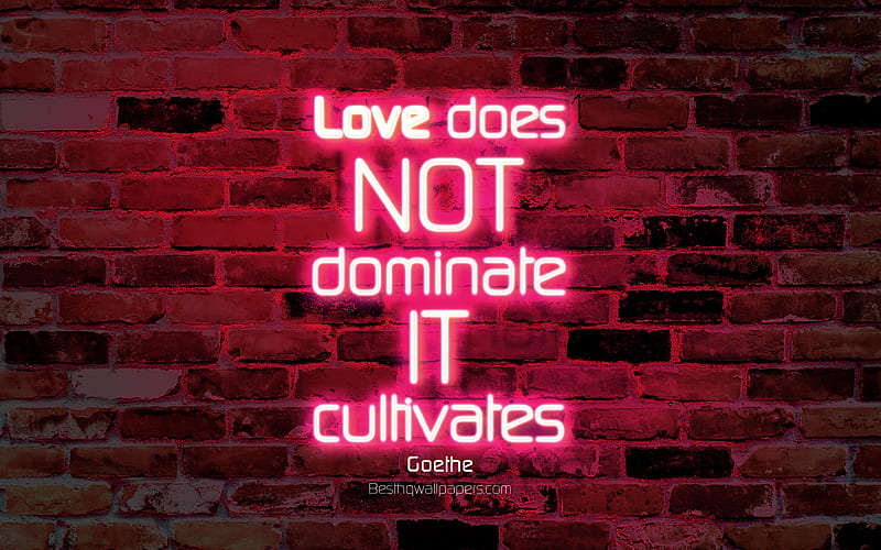 Love does not dominate It cultivates purple brick wall, Johann Wolfgang von Goethe Quotes, popular quotes, neon text, inspiration, Johann Wolfgang von Goethe, quotes about love, HD wallpaper