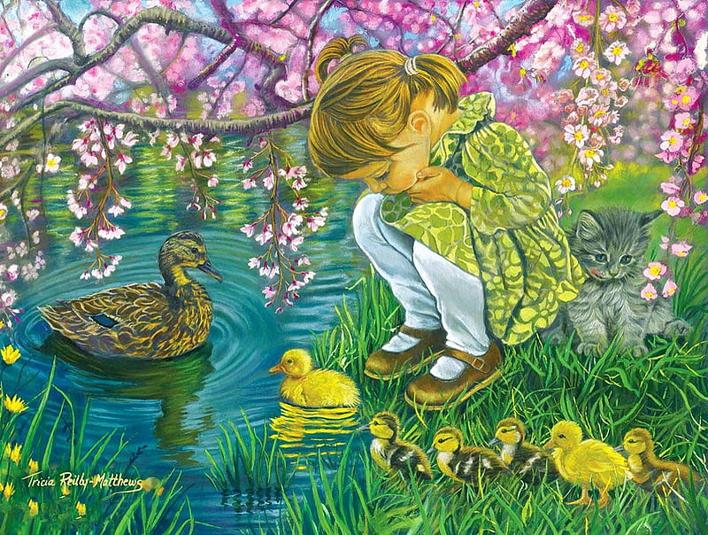 A Mother's Love, pond, girl, duck, chicken, painting, blossoms, artwork, HD wallpaper