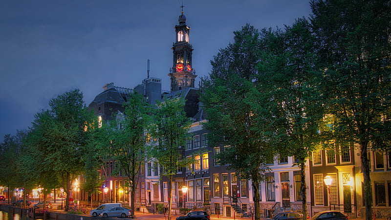 Netherlands Amsterdam Canal City Cars And Clock Tower Between House During Evening Travel, HD wallpaper