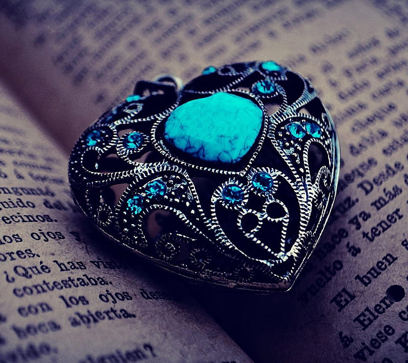Turquoise Heart, book, love, pendant, words, HD wallpaper