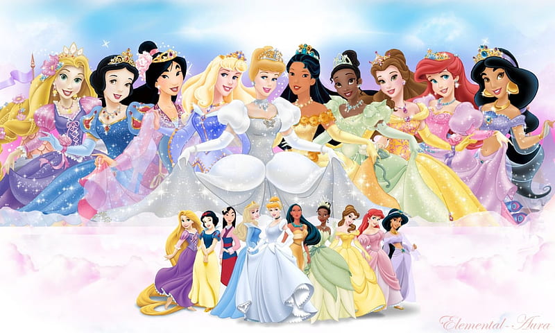 Disney princesses, poster, rapunzel, fanart, aurora, snow white, belle, yellow, cinderella, pocahontas, tiana, arielle, white, princess, pink, disney, blue, HD wallpaper