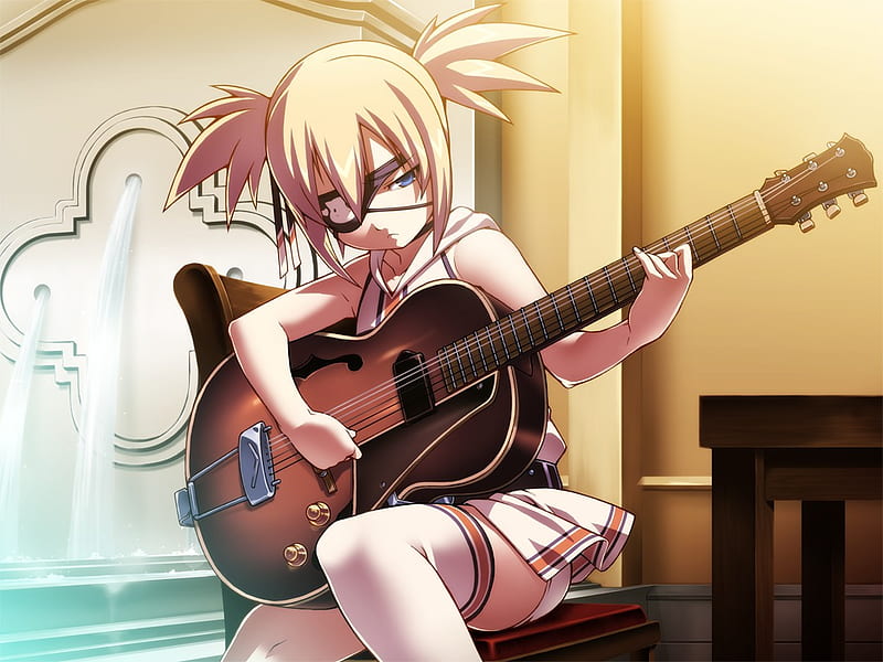 Sara Coltrane, eyepatch, coltrance, guitar, anime, sara, blonde, HD wallpaper