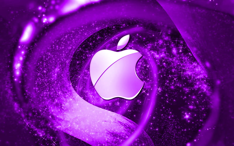 Apple violet logo, space, creative, Apple, stars, Apple logo, digital art, violet background, HD wallpaper