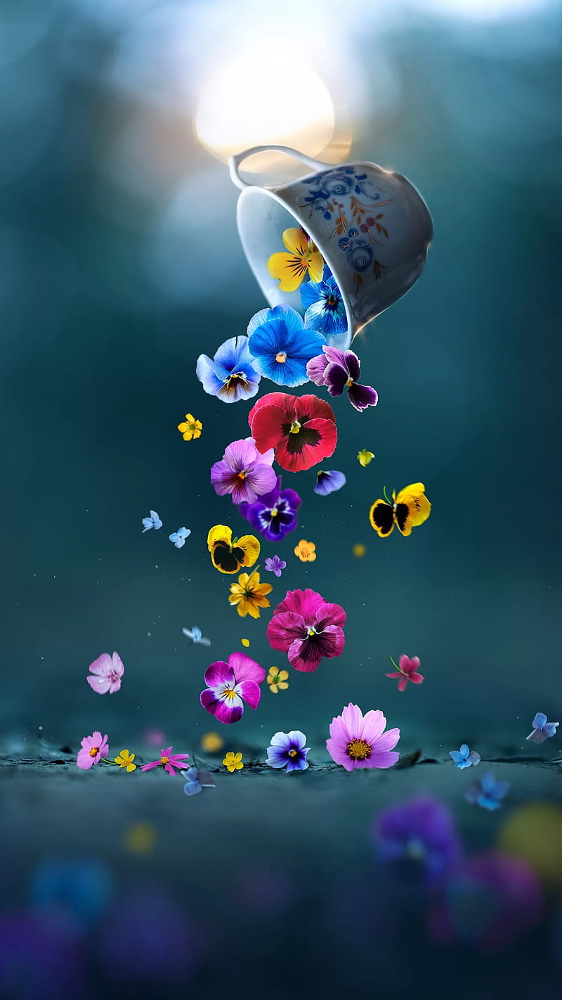 Falling flowers, art, coffee cup, colorful, creative, cup, fantasy, flowers, HD phone wallpaper