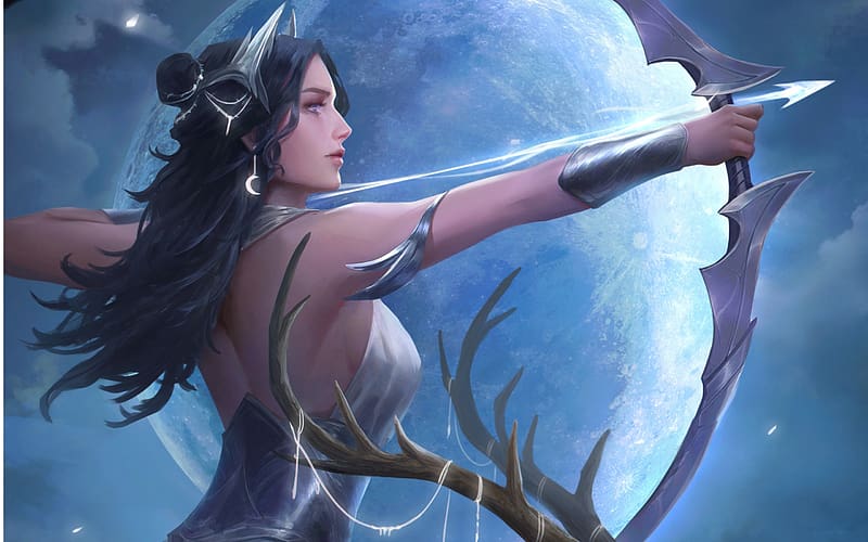 Diana, archer, girl, hornes, goddess, blue, artemis, fantasy, moon, deer, luna, HD wallpaper