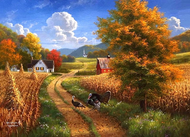 Season to be Thankful, fall season, autumn, colors, love four seasons, farms, attractions in dreams, trees, turkeys, Thanksgiving, paintings, nature, fields, animals, HD wallpaper