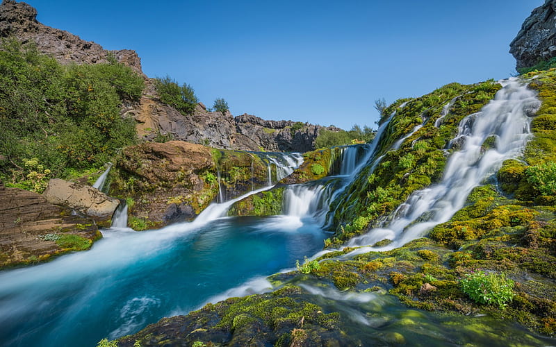 waterfalls, cascades, spring, mountain river, Iceland, blue clear sky, HD wallpaper