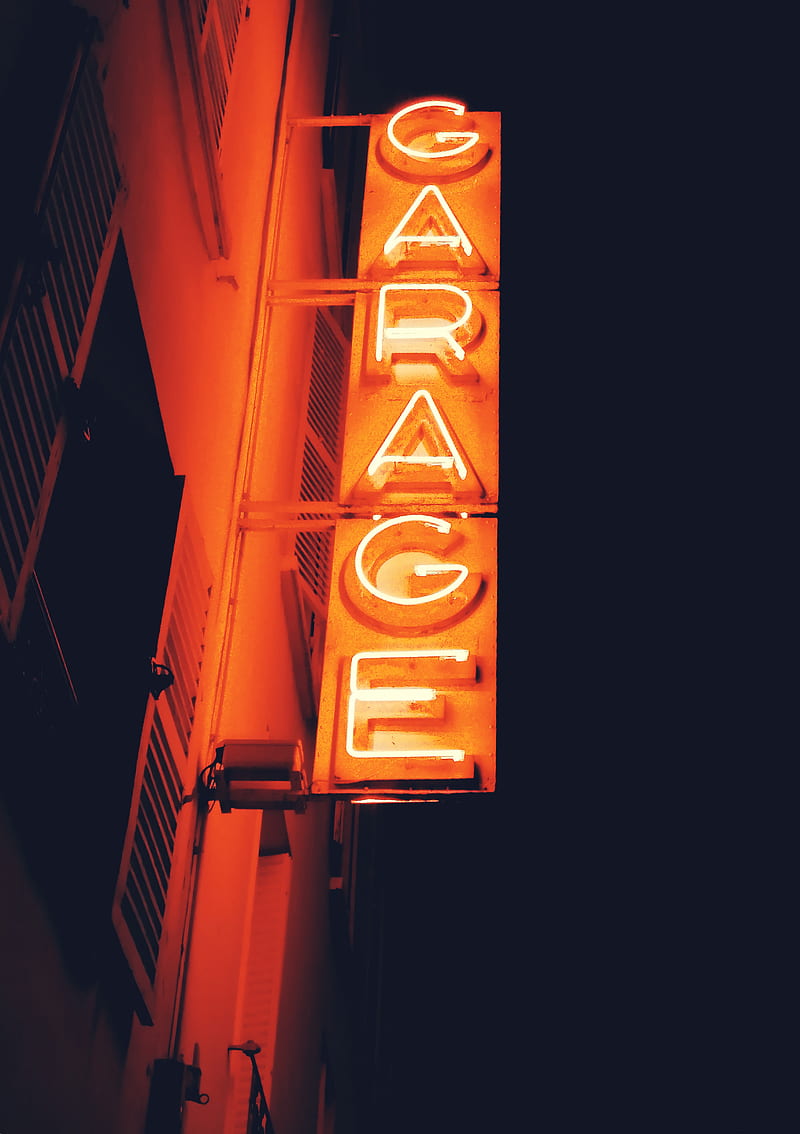 garage, sign, neon, text, light, HD phone wallpaper