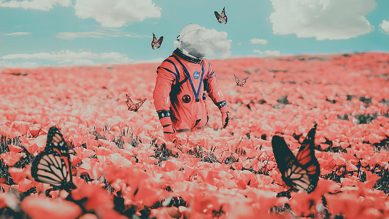 Astronaut In Butterflies , astronaut, butterfly, artist, artwork, digital-art, HD wallpaper